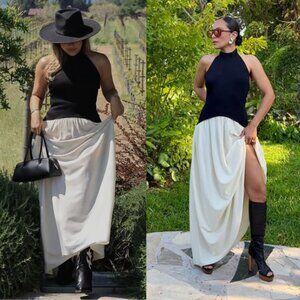Solid & Striped Soglio Halter Ecru Noir Maxi Dress‎ Size L NWT Open Back Ribbed